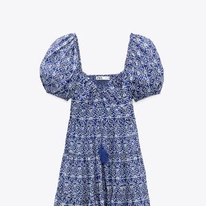 NEW Zara Navy Floral Puff Sleeve Mini Dress